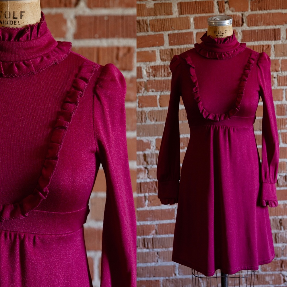 Vintage 1960s 1970s Maroon Ruffle Dress